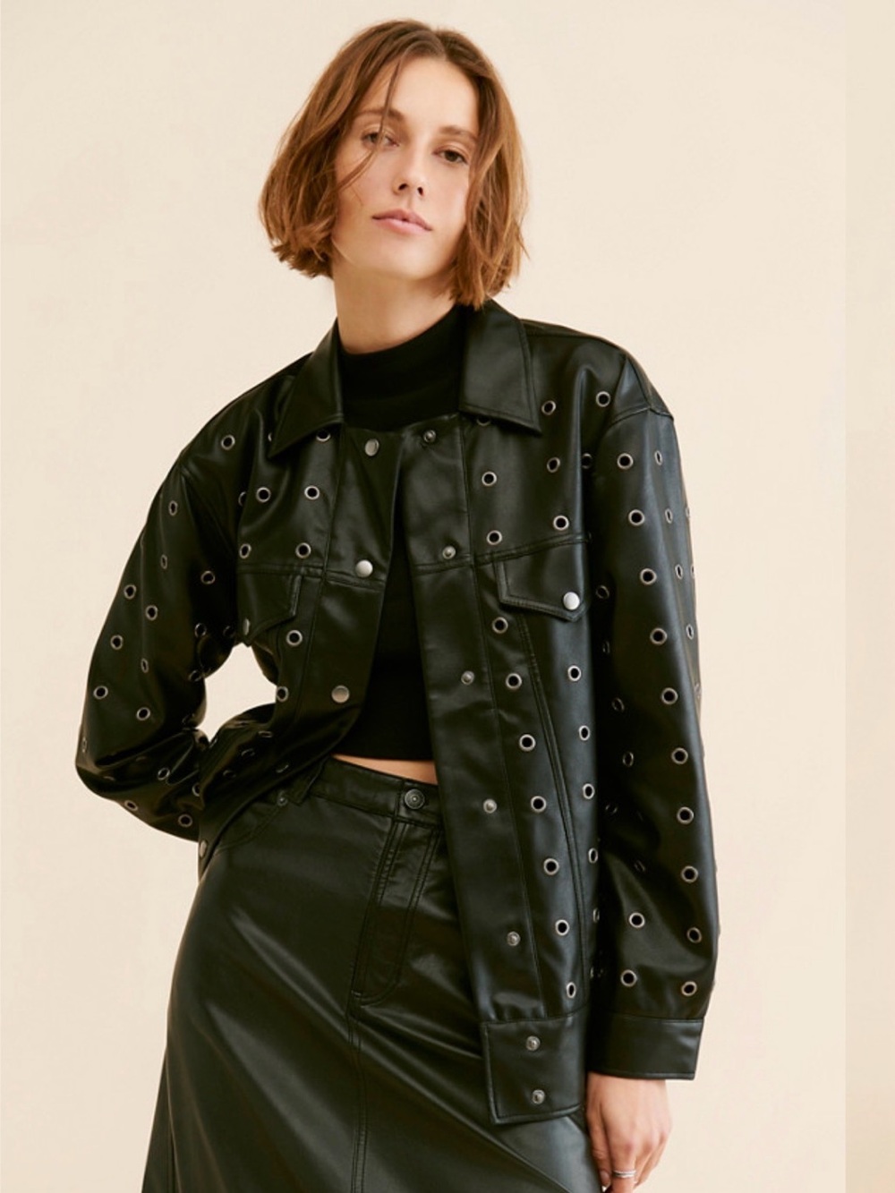 Small Steve Madden gabana Black Faux Leather grommet Eyelet-Accent shirt Jacket